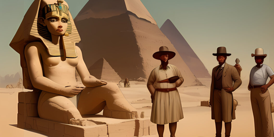 Ausgrabung einer Statue in Äygpten mit Pyramiden im Hintergrund