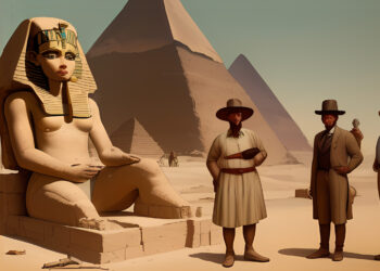 Ausgrabung einer Statue in Äygpten mit Pyramiden im Hintergrund