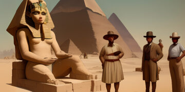 Ausgrabung einer Statue in Äygpten mit Pyramiden im Hintergrund