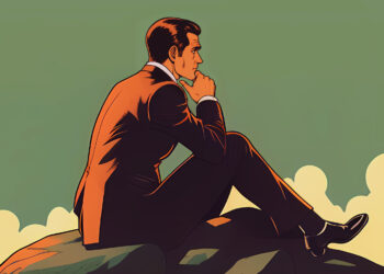 Ein Mann sitzt auf einem Stein und denkt nach