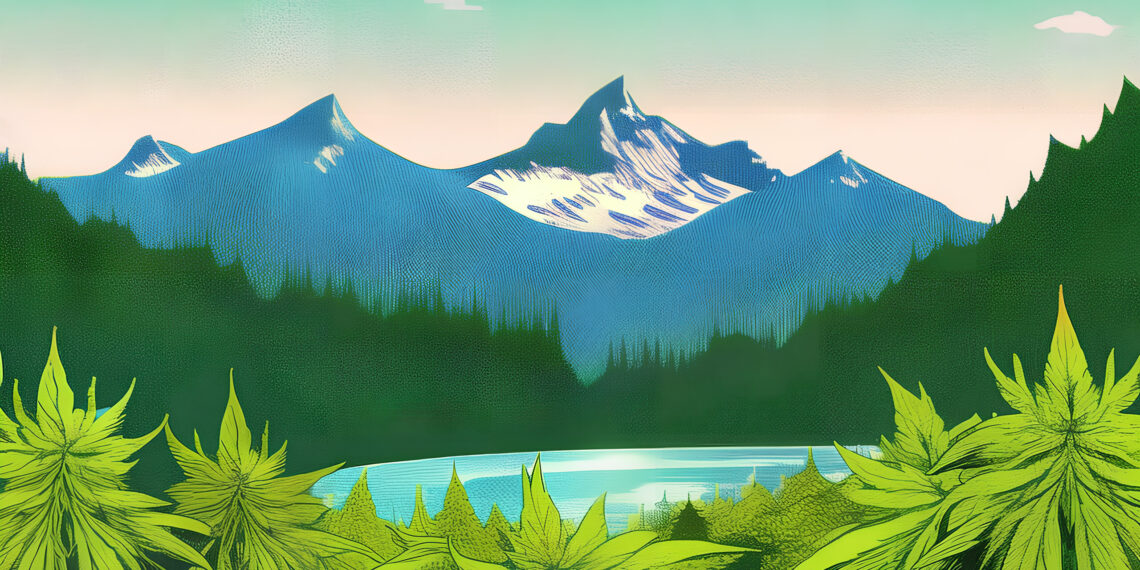 Hanfpflanzen vor einem Bergpanorama