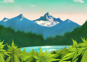 Hanfpflanzen vor einem Bergpanorama