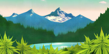 Hanfpflanzen vor einem Bergpanorama