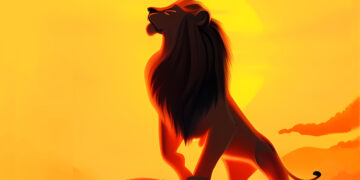 Ein majestästischer Löwe steht auf einem Feld vor einem Sonnenaufgang