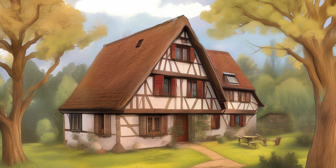 Ein Fachwerkhaus in idyllischer Landschaft