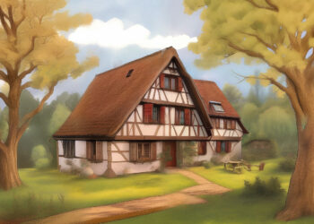 Ein Fachwerkhaus in idyllischer Landschaft