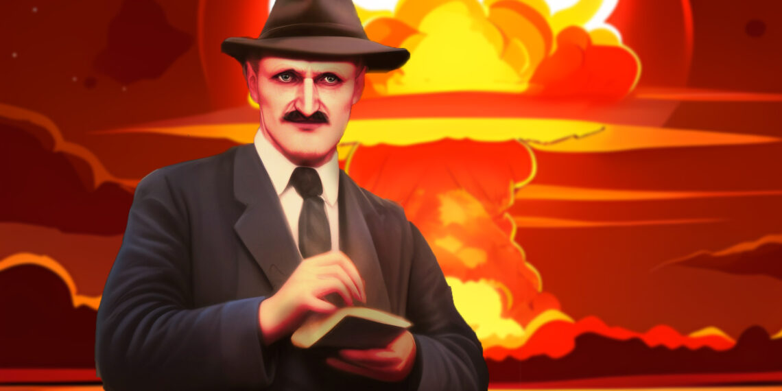 Alois Ilrmaier vor dem hintergrund einer nuklearen Explosion