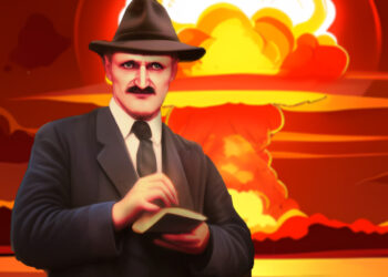 Alois Ilrmaier vor dem hintergrund einer nuklearen Explosion