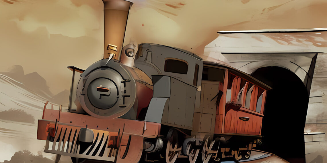 Eine alte, rostige Lokomotive fährt aus einem Tunnel