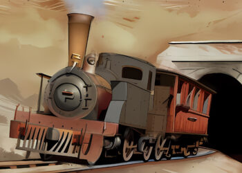 Eine alte, rostige Lokomotive fährt aus einem Tunnel