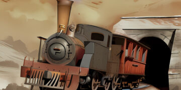 Eine alte, rostige Lokomotive fährt aus einem Tunnel