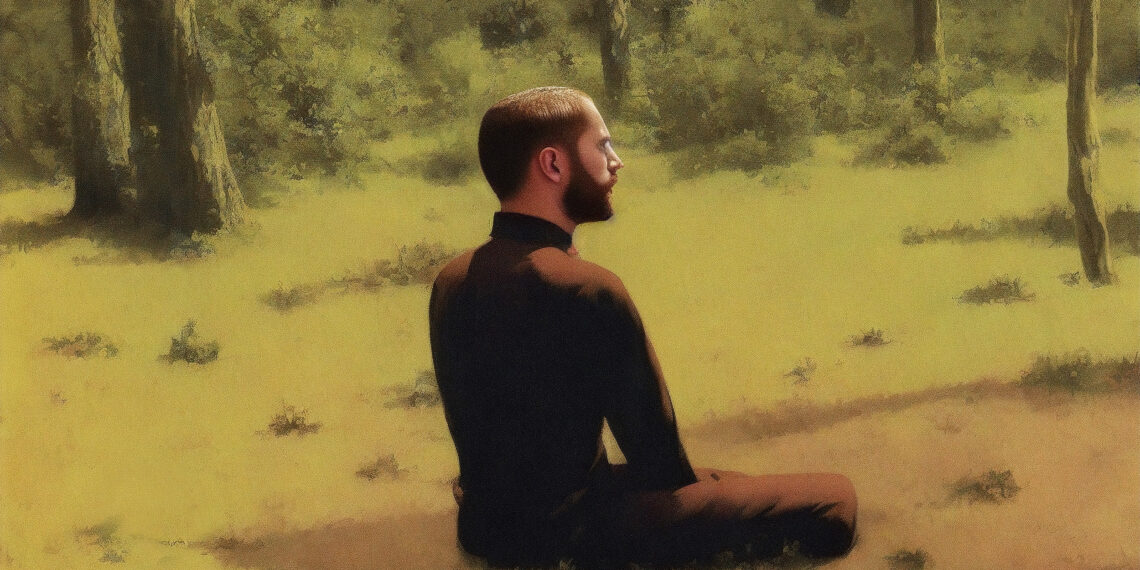 Ein Mann sitzt im Gras und meditiert