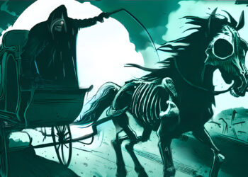 Eine unheimliche Kutsche wird von einem toten Pferd gezogen