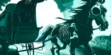 Eine unheimliche Kutsche wird von einem toten Pferd gezogen