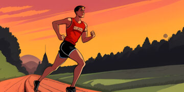 Ein Mann in Sportkleidung läuft einen ländlichen Weg entlang