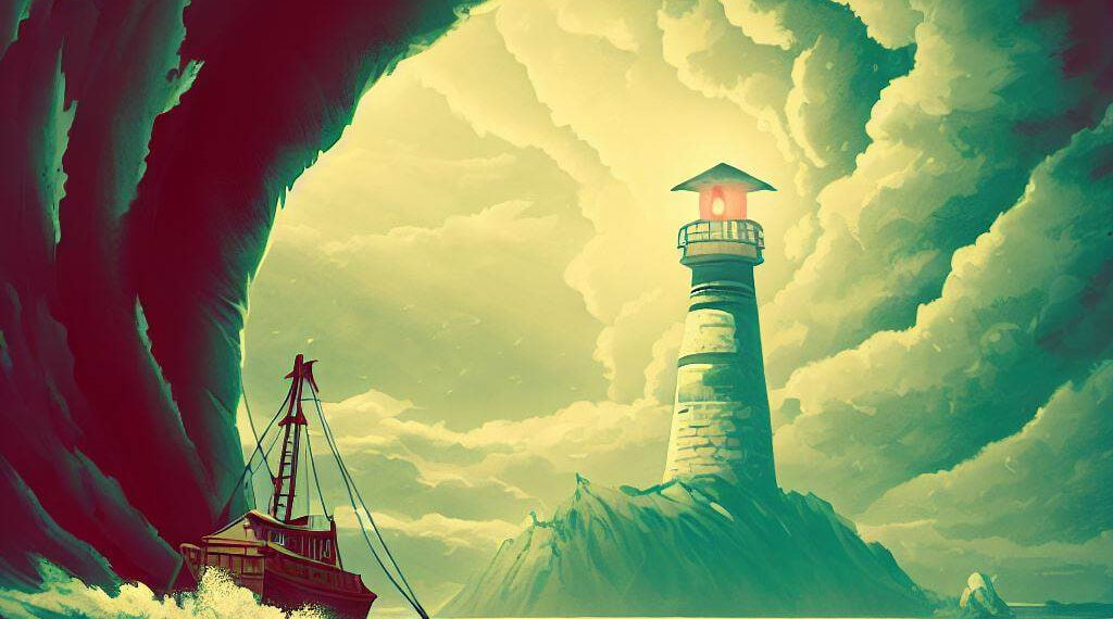 Wolken türmen sich über einen Leuchtturm auf