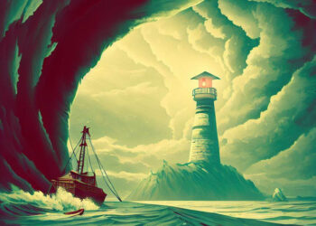 Wolken türmen sich über einen Leuchtturm auf