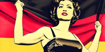 Eine Frau hält eine große Deutschlandflagge