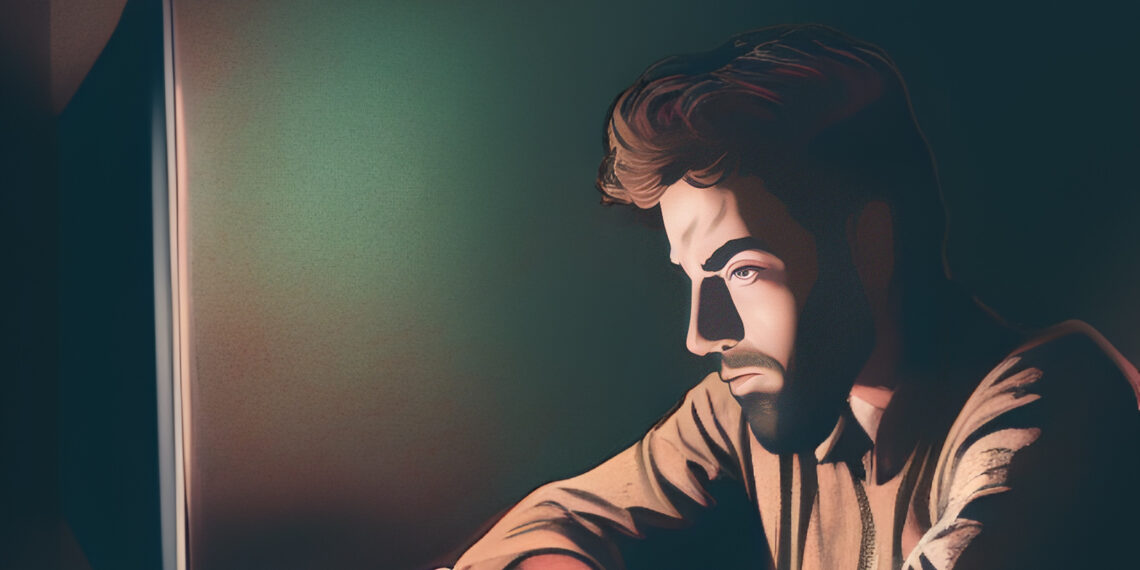 Depressiver Mamn sitzt vor dem Computer