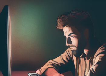 Depressiver Mamn sitzt vor dem Computer