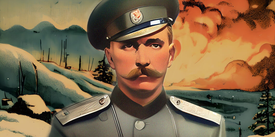 Pjotr Nikolajewitsch Krasnow als junger Soldat im Hintergrund eine verschneite Landschaft und ein brennendes Dorf