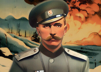 Pjotr Nikolajewitsch Krasnow als junger Soldat im Hintergrund eine verschneite Landschaft und ein brennendes Dorf