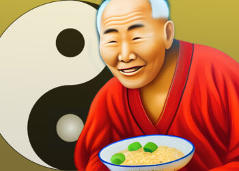 Ein alter asiatischer Mann hält eine Nudelschüssel mit Yin-Yang-Symbol im Hintegrund