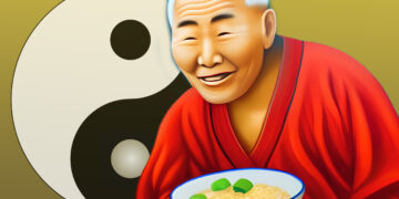 Ein alter asiatischer Mann hält eine Nudelschüssel mit Yin-Yang-Symbol im Hintegrund