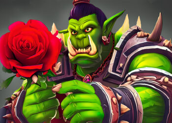 Ein Warcraft Ork mit einer Rose in der Hand