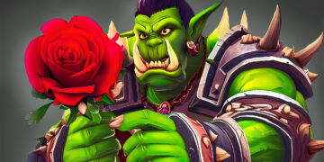 Ein Warcraft Ork mit einer Rose in der Hand