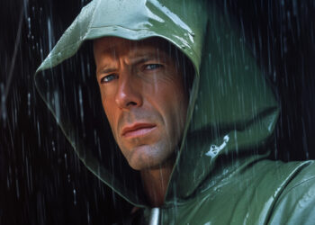 Bruce Willis im grünen Regenmantel aus Unbreakable