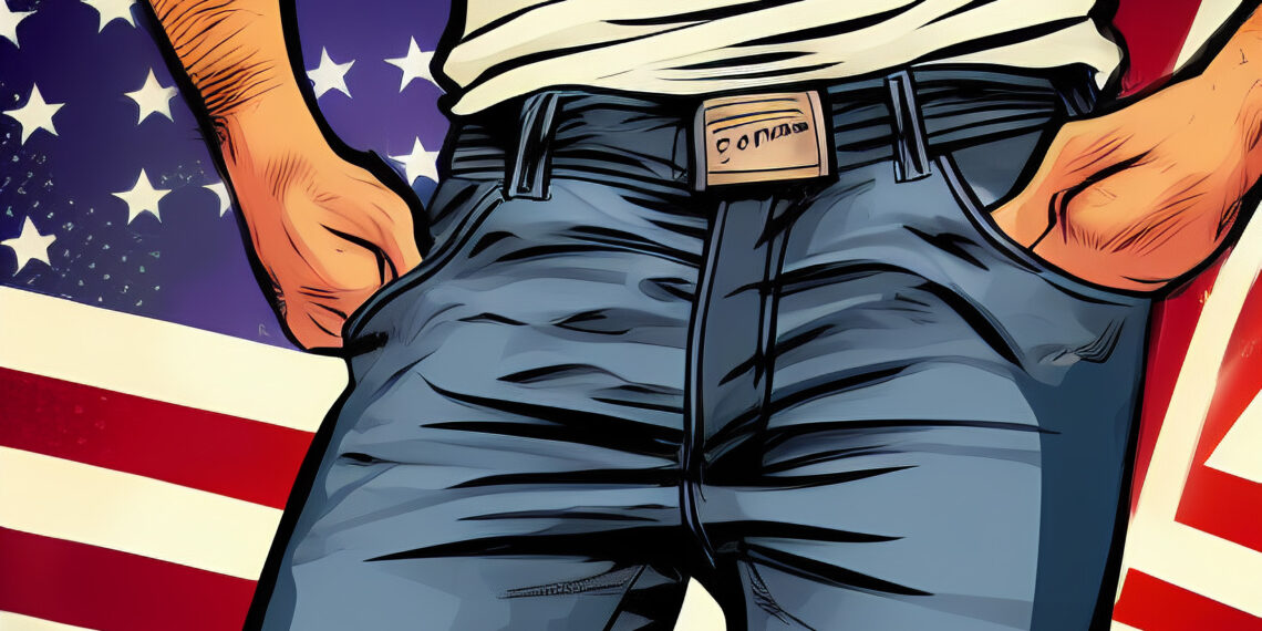 Mann in Jeans vor amerikanischer Flagge