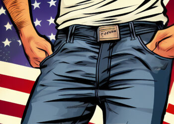 Mann in Jeans vor amerikanischer Flagge