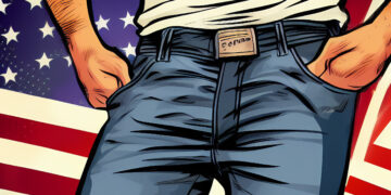 Mann in Jeans vor amerikanischer Flagge