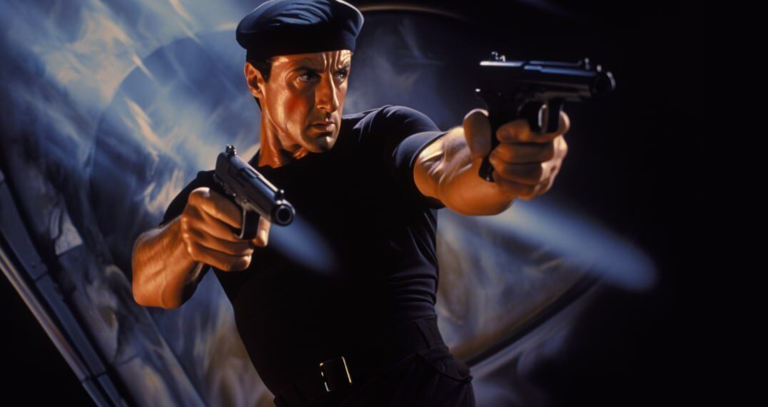 Sylvester Stallone aus dem Film Demolition Man mit Pistolen