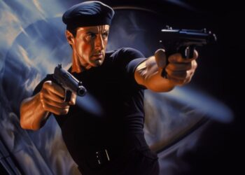 Sylvester Stallone aus dem Film Demolition Man mit Pistolen