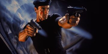 Sylvester Stallone aus dem Film Demolition Man mit Pistolen