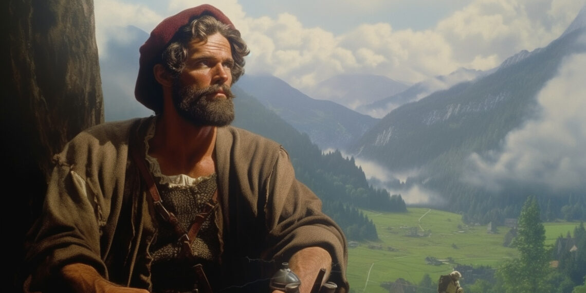 Wilhelm Tell vor einer Berglandschaft im Nebel