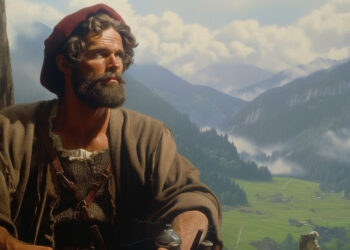 Wilhelm Tell vor einer Berglandschaft im Nebel