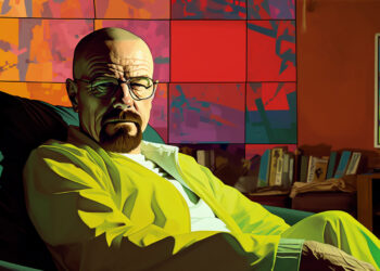 Walter White sitzt lässig in Schutzanzug in einem Wohnzimmer