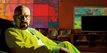 Walter White sitzt lässig in Schutzanzug in einem Wohnzimmer