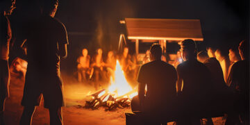 Junge Aktivisten der Identitären Bewegung sitzen am Lagerfeuer