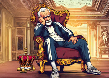 Ein König sitzt auf einem Thron in einem Barrocken Schloss und trägt einen Jogginganzug