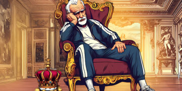 Ein König sitzt auf einem Thron in einem Barrocken Schloss und trägt einen Jogginganzug