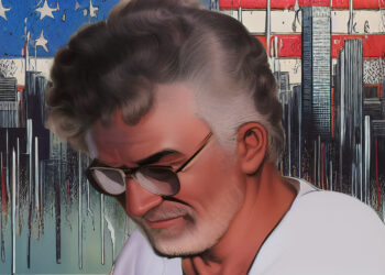 Niedergeschlagener Tito Perdue vor einer zerfließenden amerikanischen Flagge