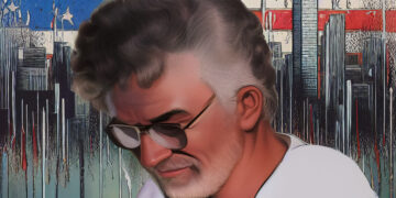 Niedergeschlagener Tito Perdue vor einer zerfließenden amerikanischen Flagge