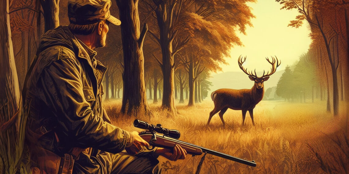 Jäger sitzt im dickicht, auf dem Feld steht ein Hirsch