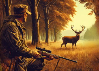 Jäger sitzt im dickicht, auf dem Feld steht ein Hirsch